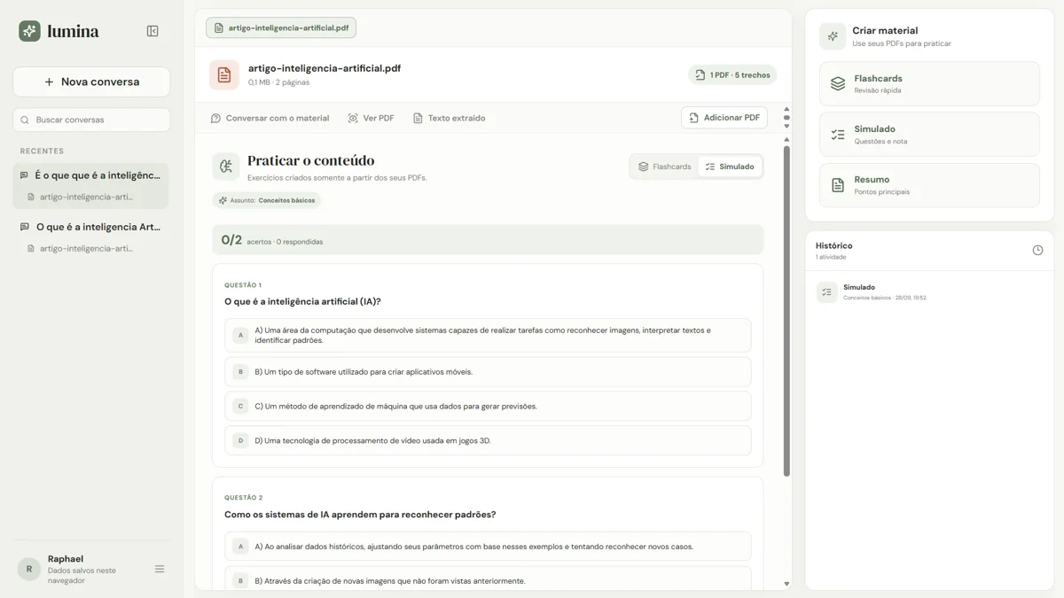 Lumina study workspace showing a PDF-based quiz and study tools. Original interface in Portuguese.